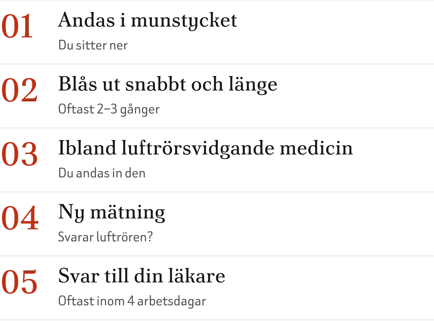 Fem steg: du andas i ett munstycke, blåser ut så snabbt och länge du kan två till tre gånger, får ibland luftrörsvidgande medicin, mäts igen, och svaret går till läkaren som skrev remissen.